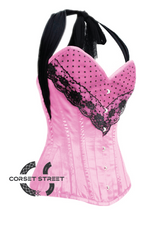 Pink Satin Black Net Halter Neck Gothic Burlesque Bustier Waist Training LONG Overbust Corset Costume
